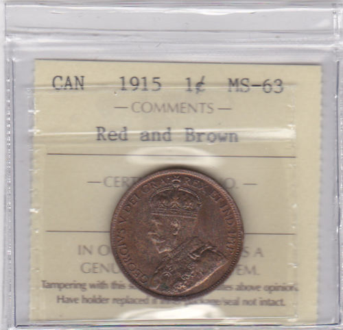 1915 Canadian 1-Cent ICCS MS63 RB