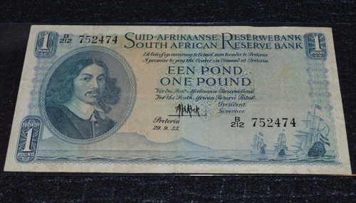 South Africa One Pound (Een Pond) MH De Kock 1955 B212 752474 Banknote Circulated Condition