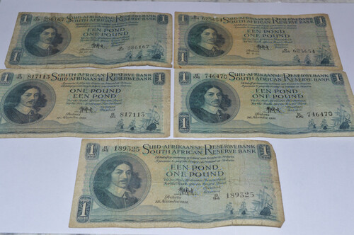 South Africa One Pound (Een Pond) MH De Kock Lot of 5 Banknotes - Heavily Circulated Condition