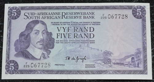South Africa Five Rand TW De Jongh F225 067728 Banknote UNC Condition