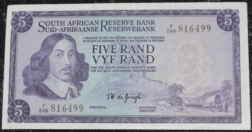 South Africa Five Rand TW De Jongh 3rd Issue F246 816499 Banknote UNC condition