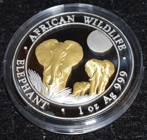 2014 Somalia African Elephant 1oz Fine Silver Coin - Gold Guilded