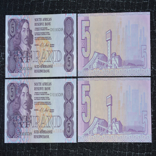 South Africa Crisp Uncirculated R5 Bank Notes C.L Stals - 2 notes in Sequence