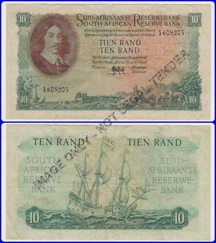 South Africa Ten Rand (Tien Rand) 4th Issue MH De Kock C4 608205 large banknote VF Condition