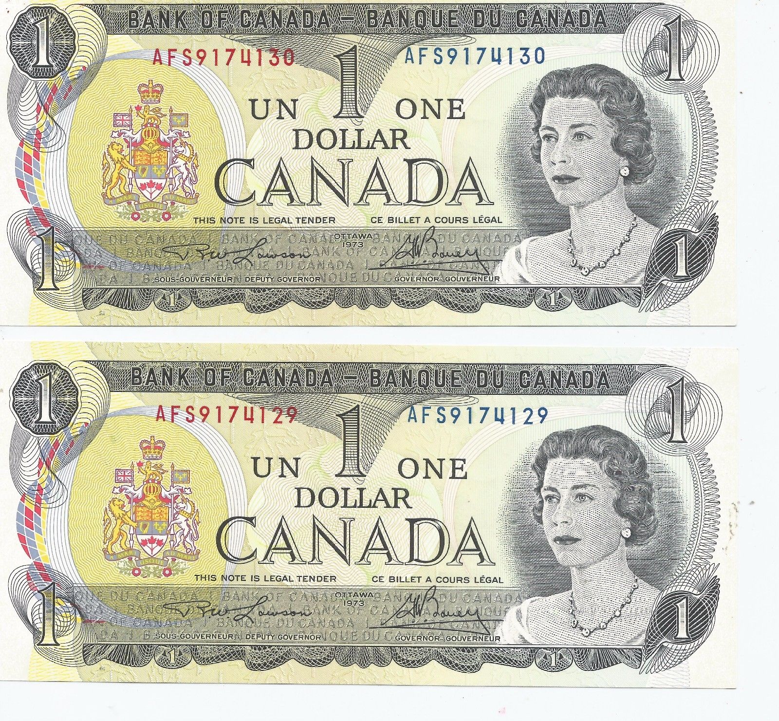1973 $1 AFS Prefix Lawson-Bouey BC-46a-i - 2 x UNC Consecutive Notes