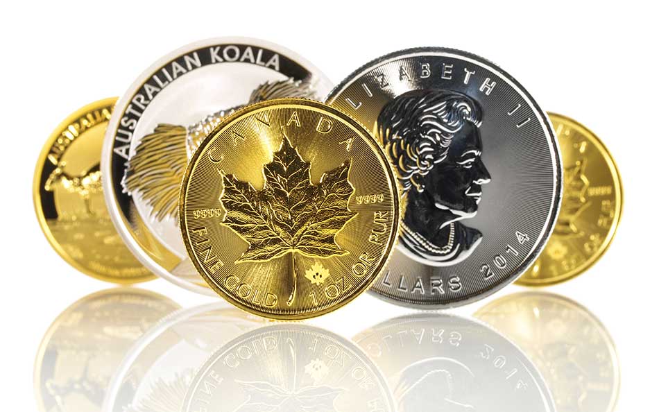 Coins on a reflective surface